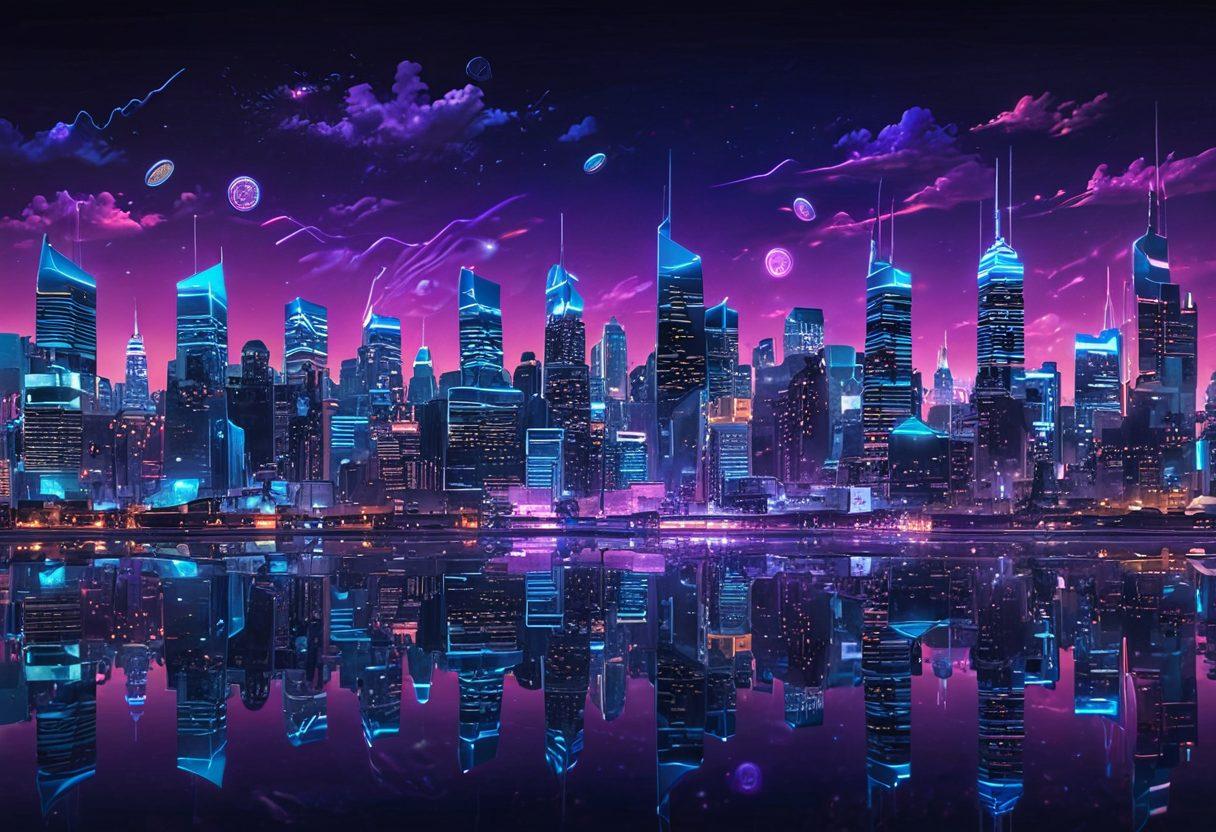 A futuristic landscape featuring digital coins representing TrajanCoins, floating in a vibrant, neon-lit city skyline. Surrounding the coins are holographic projections of graphs and charts showcasing growth in virtual currency. Include diverse people interacting with digital devices, symbolizing global investment in virtual currencies. The sky should have a shimmering twilight effect, blending purple and blue. cyberpunk, vibrant colors, super-realistic.