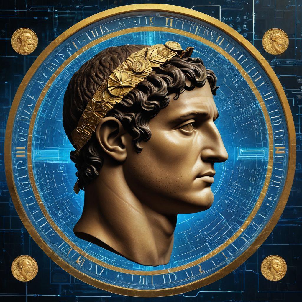 A dynamic scene showcasing ancient Roman coins with the iconic Trajan's profile, overlaid on a modern blockchain grid. Vibrant digital graphics of secure locks and transaction chains radiate from the coins, symbolizing the fusion of history and technology. A glowing background with hints of blue and gold, illuminating the coins and blockchain elements while demonstrating innovation and security. super-realistic. vibrant colors. high-tech atmosphere.