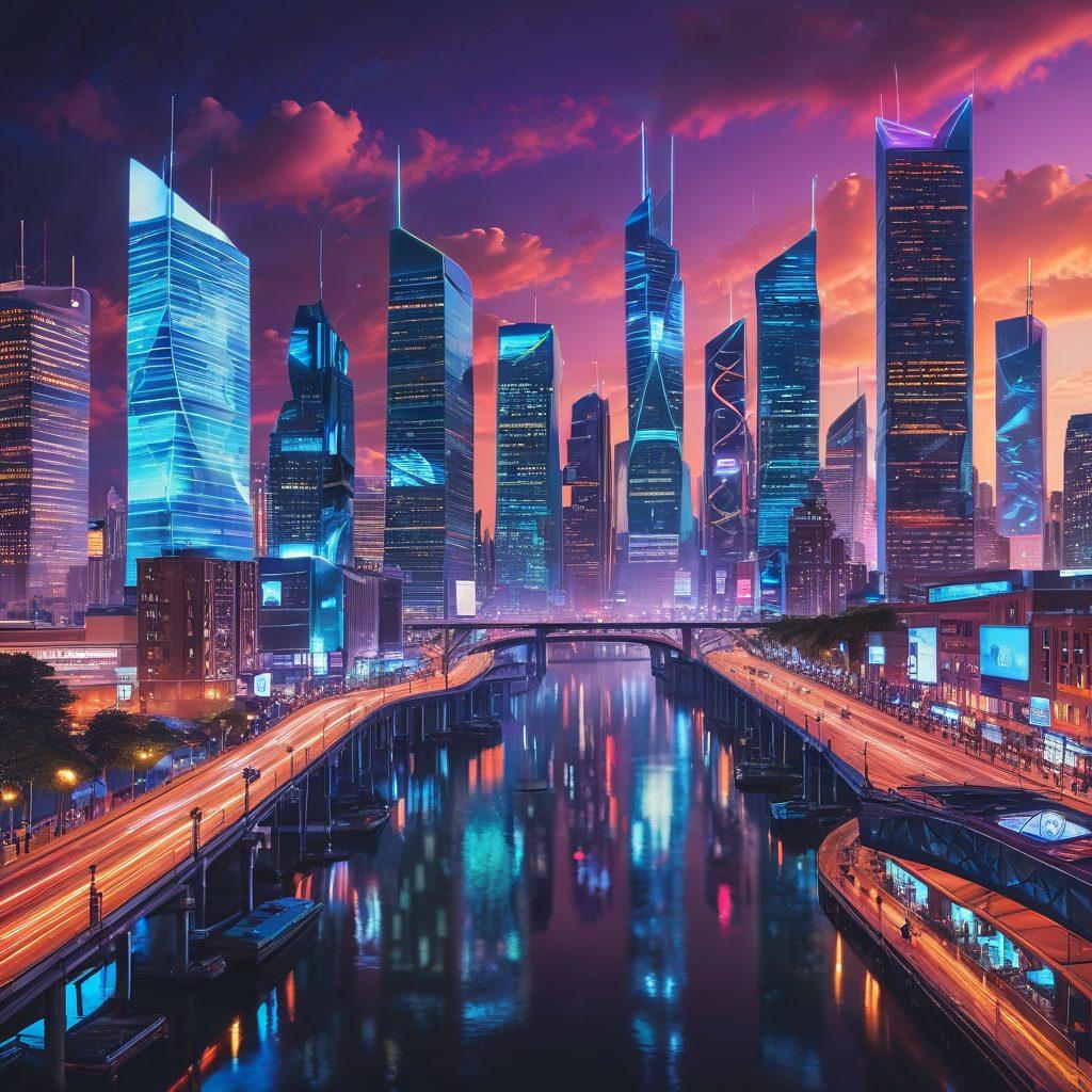 A futuristic city skyline with digital currency symbols floating in the sky, showcasing TrajanCoins prominently. In the foreground, a diverse group of people engaged in technology and finance, interacting with holographic interfaces. A flowing river of data connects the city to a bright horizon symbolizing progress. Incorporate elements of blockchain technology and innovation. cyberpunk. vibrant colors.
